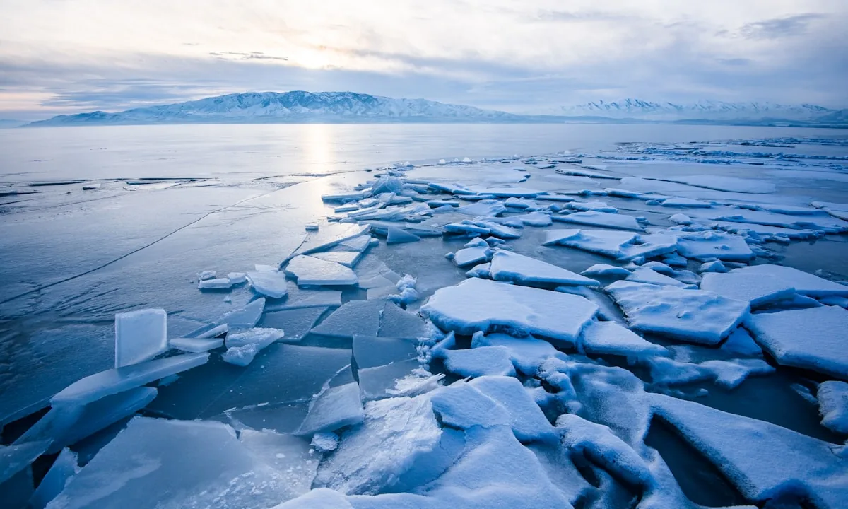 A frozen lake landscape in winter