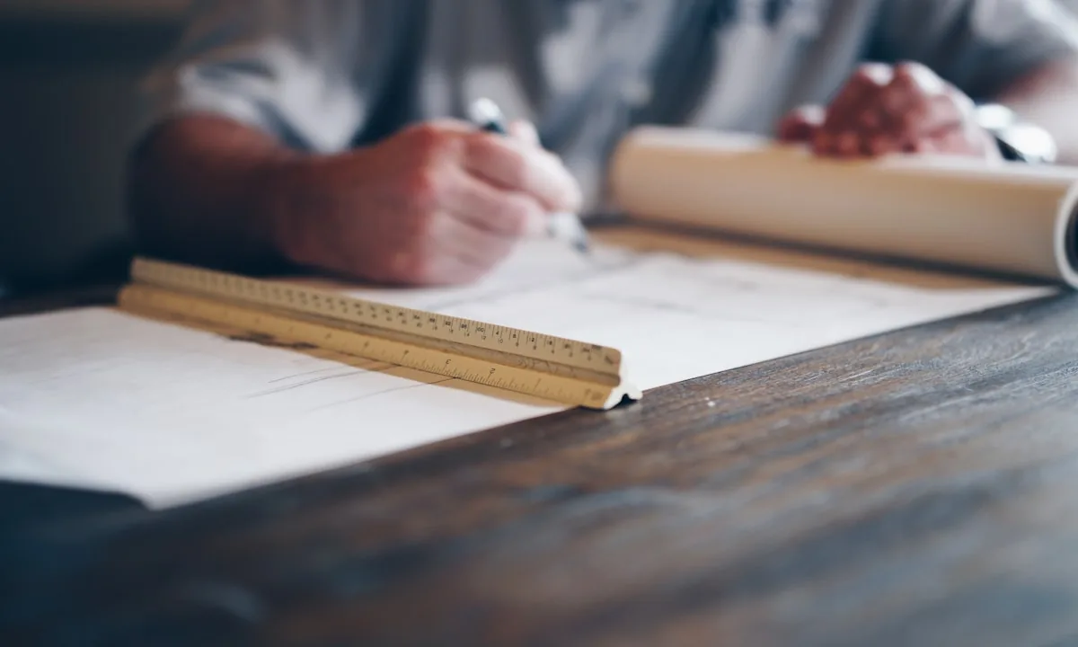 Developer reviewing structured control flow blueprint on desk