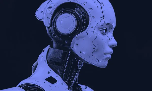 A robot dressed in a business suit, appearing confident and authoritative