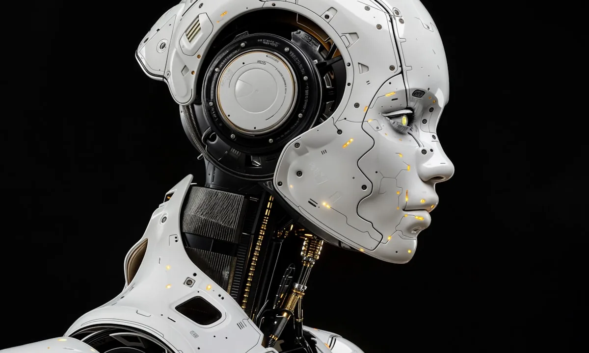 A robot dressed in a business suit, appearing confident and authoritative