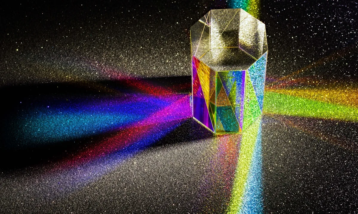 Prism refracting white light into colorful spectrum bands