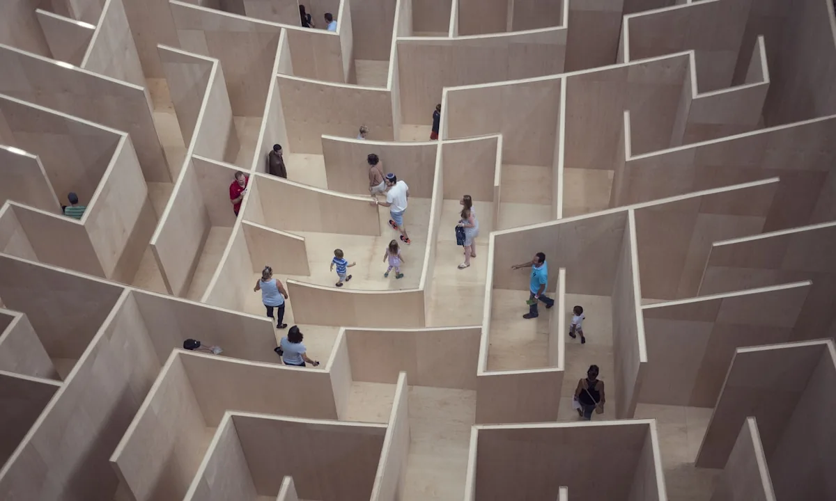 An overhead view of a complex maze representing computational algorithms.