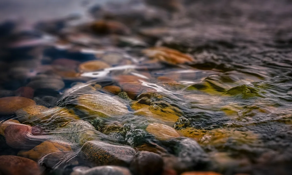 A clear stream flowing softly around smooth river stones