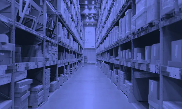 Endless rows of warehouse shelving representing digital supply abundance