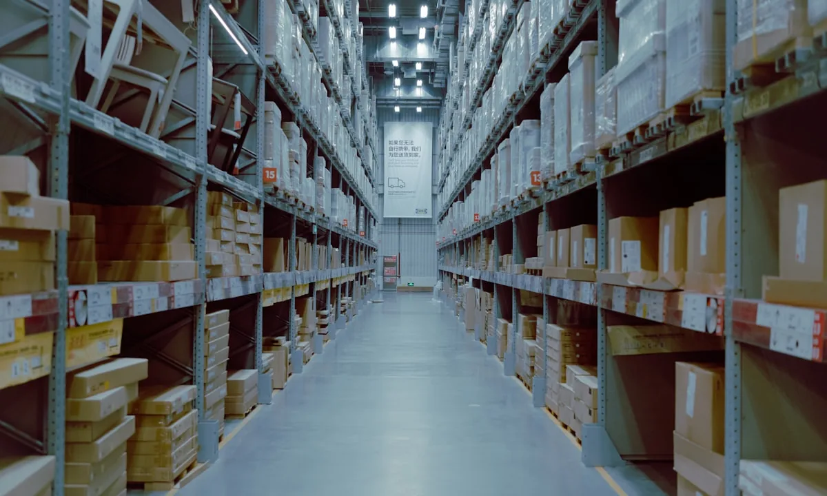 Endless rows of warehouse shelving representing digital supply abundance