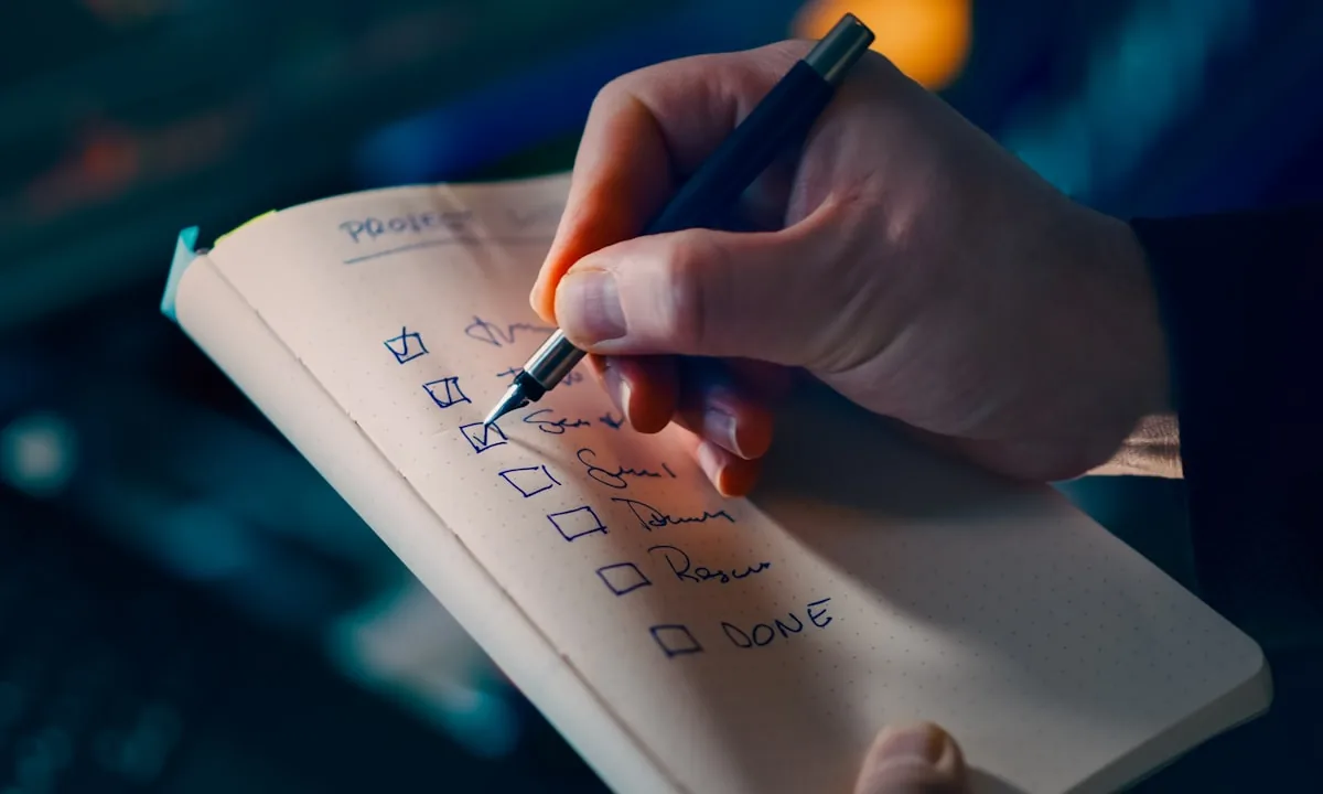 A person crossing out items on a written task list