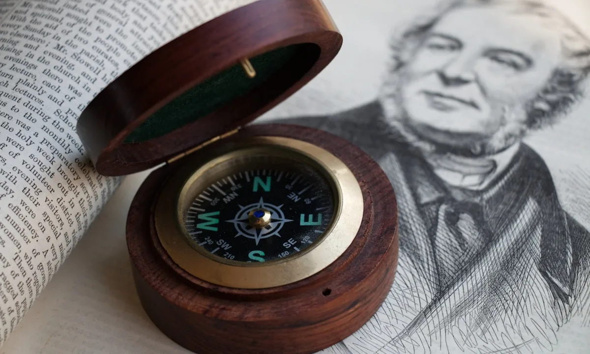 A classic compass and antique map laid out on a dark wooden surface