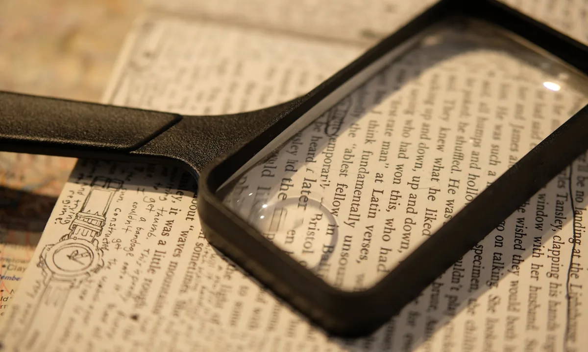 A magnifying glass inspecting small text on a paper document