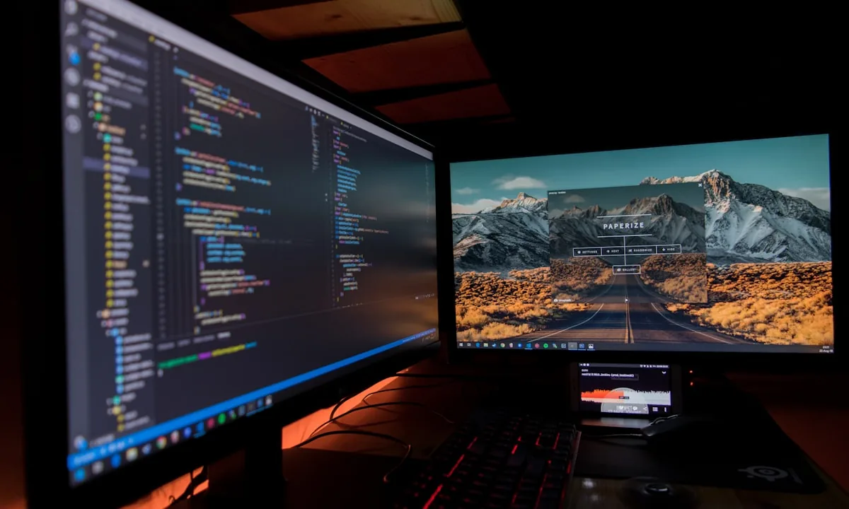 Developer reviewing complex code flow on multiple screens